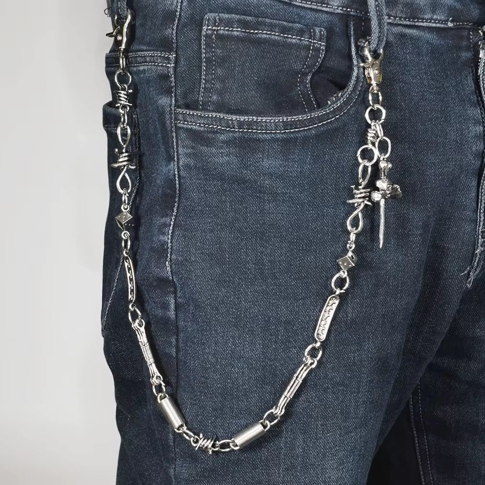 Silver Plated Skull and Cross Charm Pant Chain